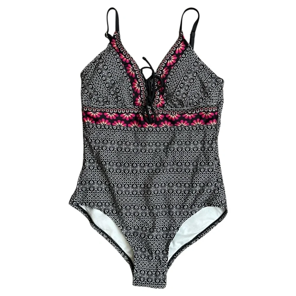 Kona Sol Lace Up Front Black and Pink Geometric One Piece Swimsuit S